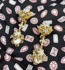 Vintage Miriam Haskell Style Faux Pearl Rhinestone Gold Dangle Clip Earrings picture