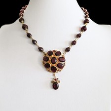Antique Late Victorian Bohemian Garnet Glass Pendant Necklace Gilt Brass Choker picture
