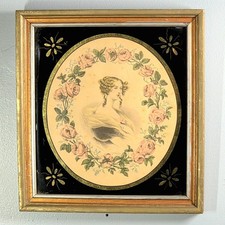 Antique Reverse Painted Glass Portrait Lithograph Victorian Lady picture