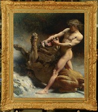 Hand painted Old Master-Art Antique Oil Painting male nude Lion on Canvas 20x24