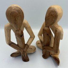 Vtg Hand Carved Wooden Meditation Sculptures Set/2 Seated Yoga Zen Boho Gift picture