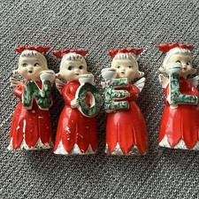Vintage Commodore Noel Angel Poinsettia Girls Candle Holders Set Ceramic Japan picture