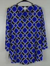Chico's Top Womens Size 2 Large Blue Black Crisscross Front Geometric Stretch picture