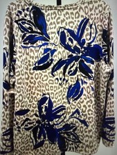 Chicos Blue Beige Floral Leopard Print Zenergy Long Sleeve Top Shirt XL 3 Smokey picture