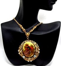 Vintage W Germany 50s Necklace Fx Pearl AB Filigree Porcelain Courting Portrait picture
