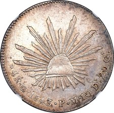 Mexico 4 Reales 1843/2-Go PM Overdate Guanajuato NGC AU-50. Second highest grade picture