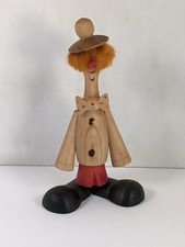 ​Vintage Wooden Clown Folk Art Turned Wood Retro Red Hair Big Shoes picture