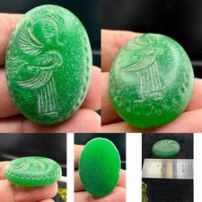 Roman Greek Green Intaglio Winged Figure Oval Seal Amulet Carved Stone picture