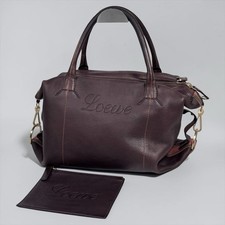 LOEWE Embossed Logo Mini Boston Bag 2-Way Leather Brown Tote Bag w/Pouch picture