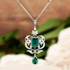 Art Deco Style 3.45Ct Emerald Lab Created Diamond 925 Silver Wedding Pendant picture