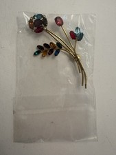 NOS Vtg 1940s Coro Sterling Silver Floral Spray Brooch Multi Color Rhinestone picture