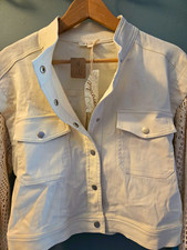 NWT Mystree Snap-Front Jean Jacket Crochet Sleeves Medium  picture