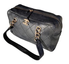 Vintage Chanel Black Leather Bowling Bag Surpique Gold CC Zip Authentic Shoulder picture