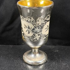 Antique Mercury Glass Goblet Silvered Gold Wash Etched Floral Bohemian Victorian picture