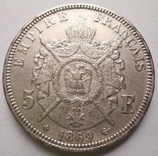 1869 BB France Napoleon III 5 Francs Strasbourg Silver Coin VF/XF Details picture