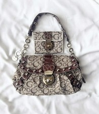 Vintage Guess Y2K Shoulder Bag Brown Monogram Leather 2000 Edgy Grunge RARE 90 picture