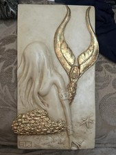 Vintage Mythical Sea Siren Mermaid Decor Plaster Plaque 3D Signed GW 10x5.5” picture