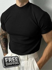 Men's Mock Neck Ribbed T-Shirt Slim Fit Stretchy Muscle Short Sleeve Gym Tee picture