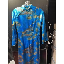Vintage 70s Blue Gold Long Sleeve Maxi Dress High Neck Abstract Pattern picture