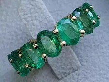 7Ct Oval Cut Natural Emerald & Diamond solid 14K Yellow Gold Eternity Band Ring picture