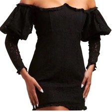 New LUXXEL Black Lace Off Shoulder Puff Sleeve Mini Dress S coquette whimsigoth picture