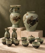 16pc Obori Soma Yaki Ceramic Set Vintage Japanese Gold Horse Vase Tea Sake Kyusu picture