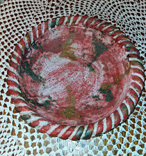 Mexican Pottery Beautiful Red/green Ceramic Bowl, Abstract Pattern, Rope Rim picture