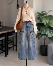 S.O.N.G. High Rise Wide Leg Cargo Jeans Utility Denim Size 0/24 picture