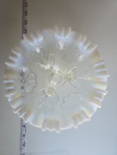 Antique Fenton White Carnival Glass Bowl Flowers 3 Spades Footed Ruffled Vintage picture