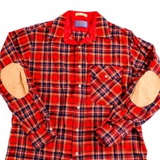 Vtg Pendleton Lobo Pure Virgin Wool Blue Red Plaid Shirt Size Large Elbow Patch picture