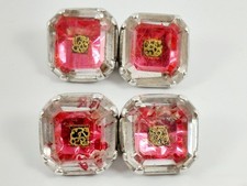 Antique Stuart Crystal Cufflink Quartz Red Foil Gold Cipher Silver *PAIR* picture