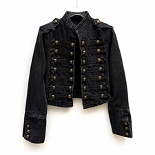 Womens Black Military Army Short Jacket Collared Button Front Long Sleeve M picture