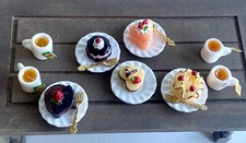 18 pcs set lot 1:12 cake dessert tea mugs miniature metal fork porcelain plates picture