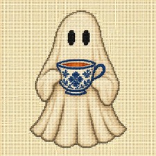 Ghost with Blue & White Teacup Needlepoint Canvas - Hand Painted 18 Mesh picture