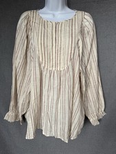 Elizabeth James Sz L Red Cream Peasant Blouse boho Stripe Balloon Sleeve NWT picture