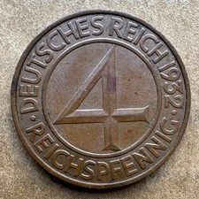 GERMANY 1932-F 4 REICHSPFENNIG STUTTGART WEIMAR BRUNING TALER KM# 75 CHOICE XF picture