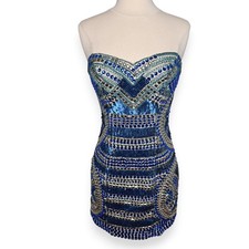 Jovani Blue Jewel Rhinestone Embellished Beaded Lined Mini Dress Size 2 picture