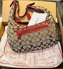 Coach Red Leather Trim & Canvas Monogram Hobo Purse picture