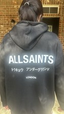 AllSaints Black Pullover Hoodie Logo Graphic Print Kangaroo Pocket Unisex M picture