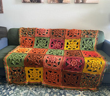 Fall  Multicolor Crochet Granny Square Floral Boho Bordered Sofa Throw 59”x59 picture