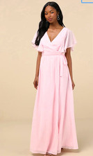Lulus Womens Size S Pink Chiffon Maxi Wrap Dress V-Neck Flutter Sleeve Tie picture