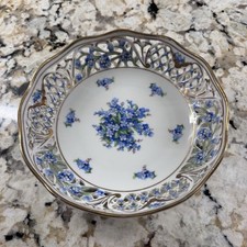 Schumann Arzberg Forget Me Not Chalet Germany Pierced Porcelain Plate Gold  7.5” picture