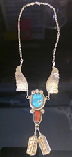 Vintage Navajo Arnold Maloney Sterling Silver Turquoise Coral Winged Necklace 16 picture