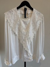 Vintage LeVoy's White Victorian Lace Yoke Blouse, Polyester, Button Cuffs, XL picture