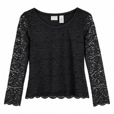 Vintage 90s Y2K Top M Lace Sheer Stretchy Long Sleeve Whimisgoth Romantic Black picture