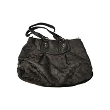 COACH Hand Bag Black Signature Ashley Black Leather Trim Handles picture