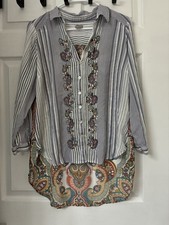 Chico's Shirt Womens Large Blue Stripe Paisley Embroidered Button Front Tunic picture