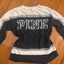 Victorias Secret PINK Long Sleeve Striped Sequin Jersey Shirt Black White Small picture