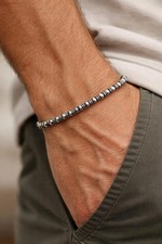 Men’s Navajo Pearl & Oxidized Silver Bracelet – 4mm Round Beads – Modern Minimal picture