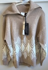 Varley Betty Jacquard Half Zip High Neck Chevron Knit Sweater Taupe M NWT picture